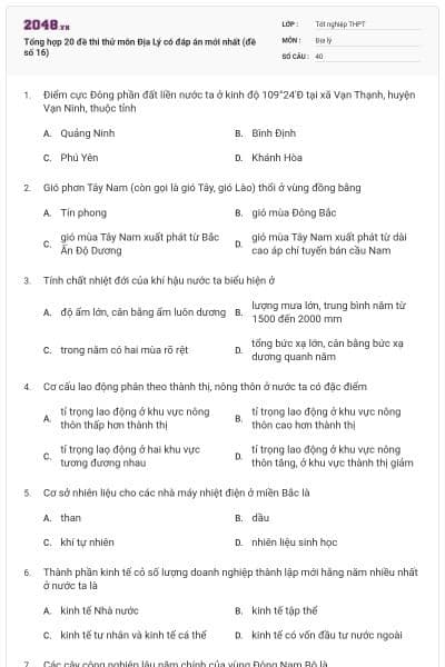 Tổng hợp 20 đề thi thử môn Địa Lý có đáp án mới nhất (đề số 16)