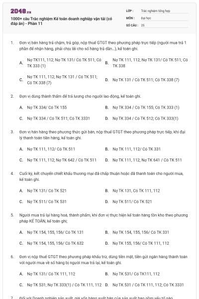1000+ câu Trắc nghiệm Kế toán doanh nghiệp vận tải (có đáp án) - Phần 11