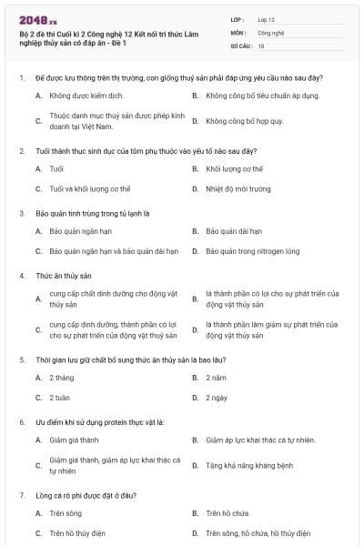 Bộ 2 đề thi Cuối kì 2 Công nghệ 12 Kết nối tri thức Lâm nghiệp thủy sản có đáp án - Đề 1