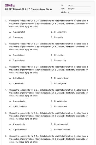 Giải SBT Tiếng anh 10 Unit 7. Pronunciation có đáp án