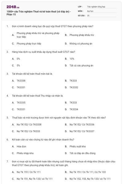 1000+ câu Trắc nghiệm Thuế và kế toán thuế (có đáp án) - Phần 15