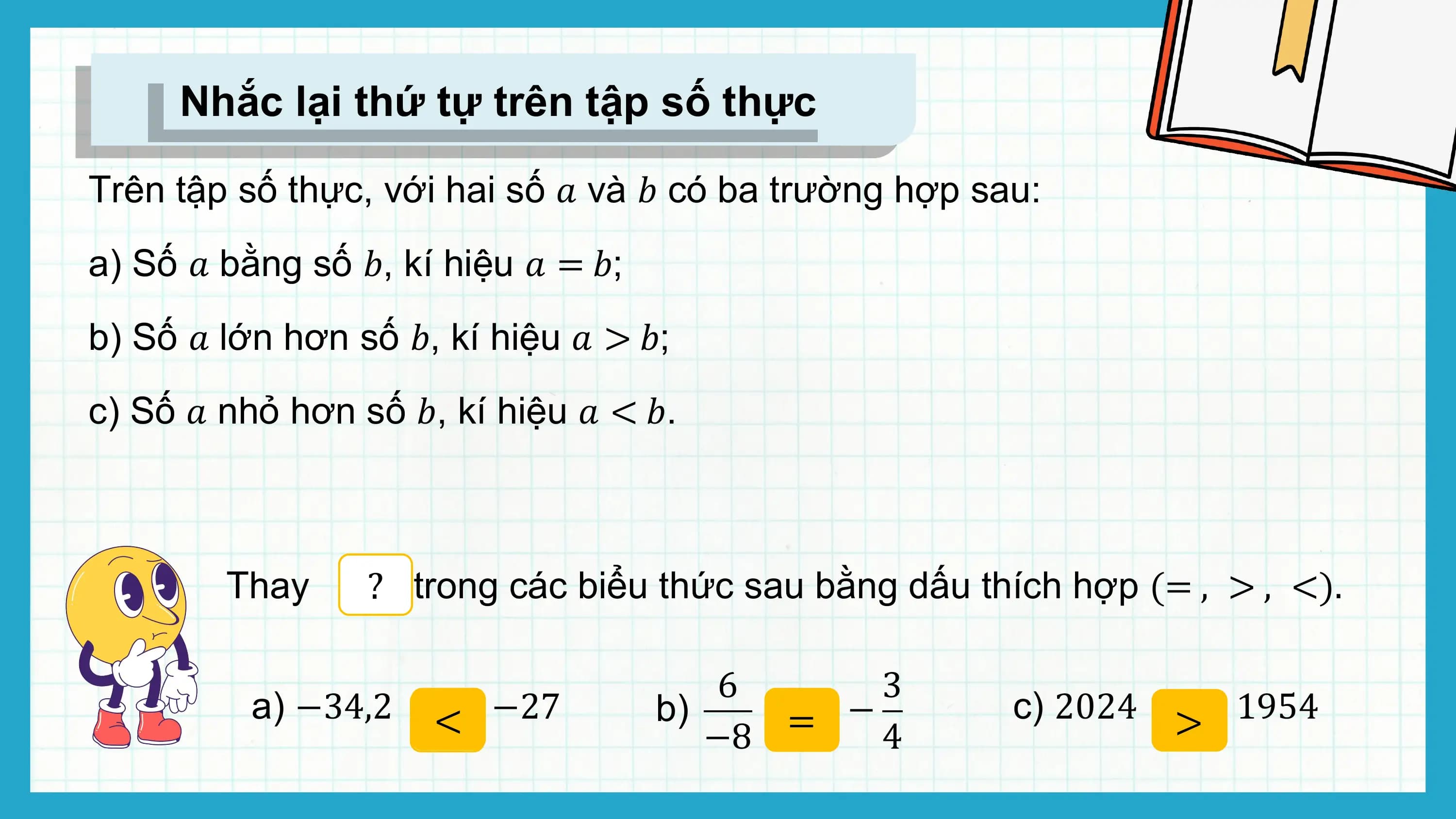 Nhắc lại thứ tự trên tập số thực

Trên tập số thực, với hai số ? và ? có ba trường hợp sau:
a) Số ? bằng số ?, kí hiệu ? = ?;
b) Số ? lớn hơn số ?, kí hiệu ? > ?;
c) Số ? nhỏ hơn số ?, kí hiệu ? < ?.

 Thay ? trong các biểu thức sau bằng dấu thích hợp (= , > , <).

 6 3
 a) −34,2 <
 ? −27 b) =
 ? − c) 2024 >
 ? 1954
 −8 4