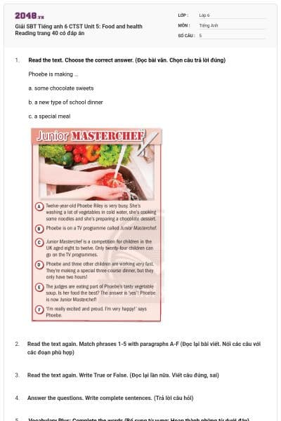 Giải SBT Tiếng anh 6 CTST Unit 5: Food and health Reading trang 40 có đáp án
