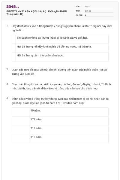 Giải VBT Lịch Sử 4 Bài 4 ( Có đáp án) : Khởi nghĩa Hai Bà Trưng (năm 40)