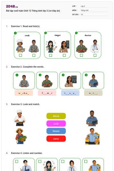 Bài tập cuối tuần Unit 12 Tiếng Anh lớp 3 (có đáp án)
