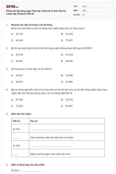 Phiếu bài tập hàng ngày Toán lớp 3 Kết nối tri thức Bài 62. Luyện tập chung có đáp án