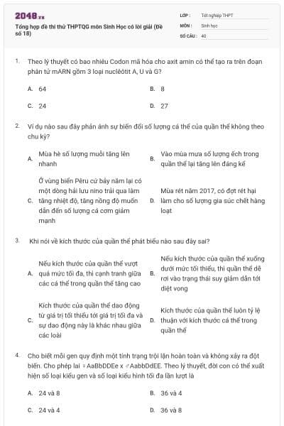 Tổng hợp đề thi thử THPTQG môn Sinh Học có lời giải (Đề số 18)