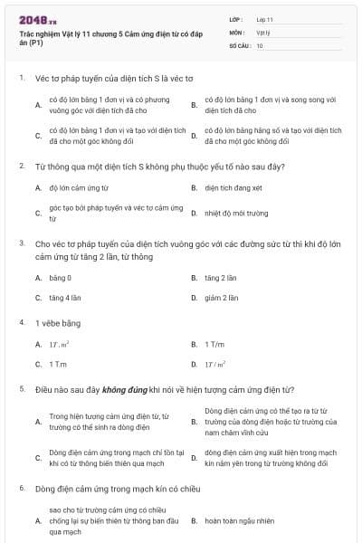 Trắc nghiệm Vật lý 11 chương 5 Cảm ứng điện từ có đáp án (P1)