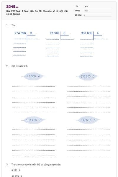 Giải VBT Toán 4 Cánh diều Bài 38: Chia cho số có một chữ số có đáp án