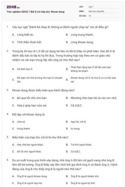 Trắc nghiệm GDCD 7 Bài 8 (có đáp án): Khoan dung