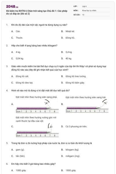 Đề kiểm tra KHTN 6 Chân trời sáng tạo Chủ đề 1: Các phép đo có đáp án (Đề số 2)