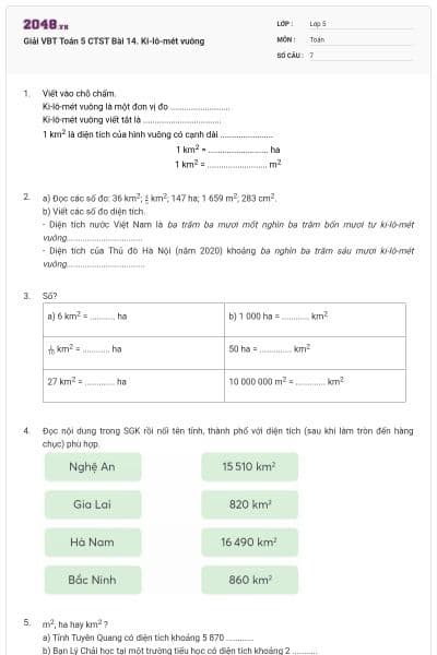 Giải VBT Toán 5 CTST Bài 14. Ki-lô-mét vuông