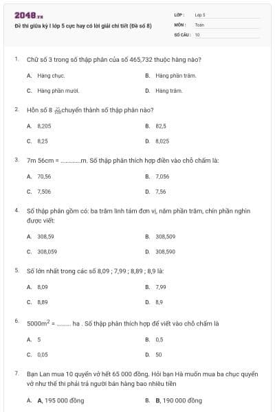 Đề thi giữa kỳ I lớp 5 cực hay có lời giải chi tiết (Đề số 8)