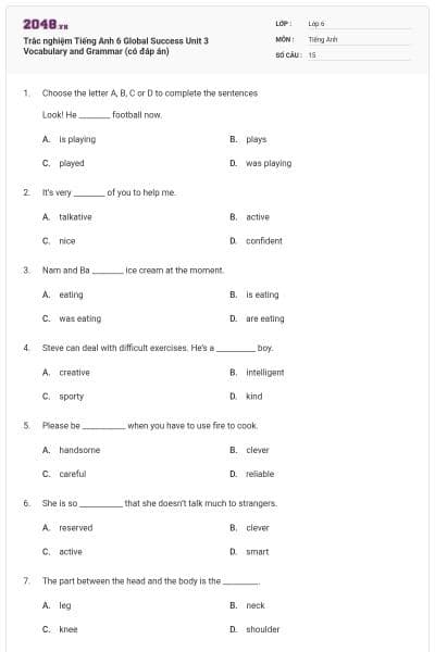 Trắc nghiệm Tiếng Anh 6 Global Success Unit 3 Vocabulary and Grammar (có đáp án)