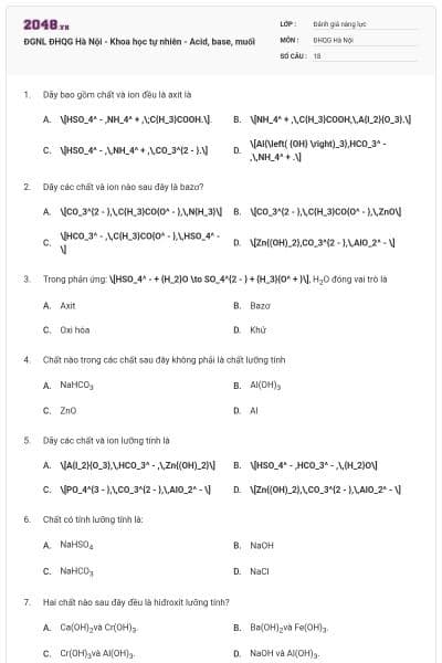 ĐGNL ĐHQG Hà Nội - Khoa học tự nhiên - Acid, base, muối