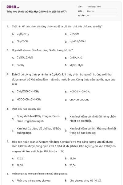 Tổng hợp đề thi thử Hóa Học 2019 có lời giải (Đề số 7)