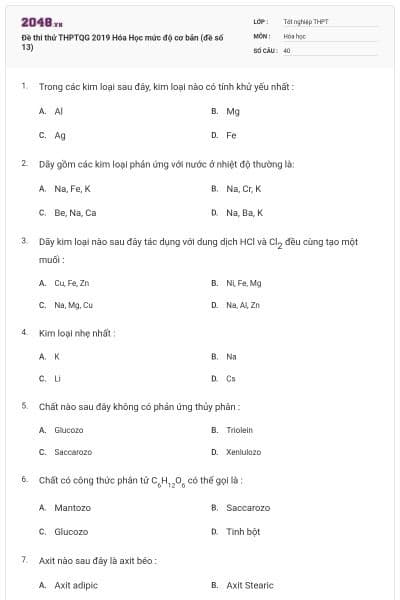 Đề thi thử THPTQG 2019 Hóa Học mức độ cơ bản (đề số 13)