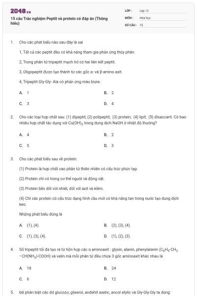 15 câu Trắc nghiệm Peptit và protein có đáp án (Thông hiểu)