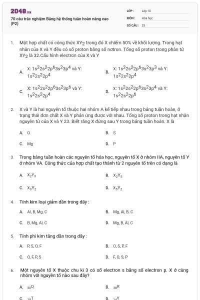70 câu trắc nghiệm Bảng hệ thống tuần hoàn nâng cao (P2)