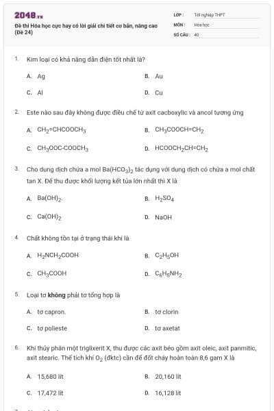 Đề thi Hóa học cực hay có lời giải chi tiết cơ bản, nâng cao (Đề 24)