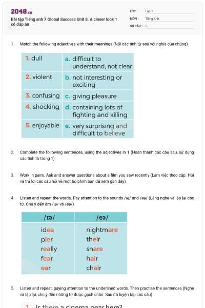 Bài tập Tiếng anh 7 Global Success Unit 8. A closer look 1 có đáp án