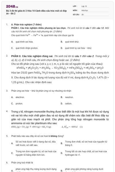 Bộ 3 đề thi giữa kì 2 Hóa 10 Cánh diều cấu trúc mới có đáp án - Đề 2