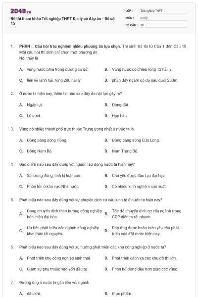 Đề thi tham khảo Tốt nghiệp THPT Địa lý có đáp án - Đề số 15