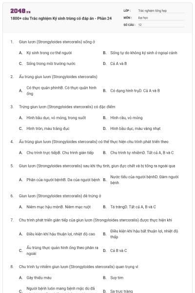 1800+ câu Trắc nghiệm Ký sinh trùng có đáp án - Phần 24