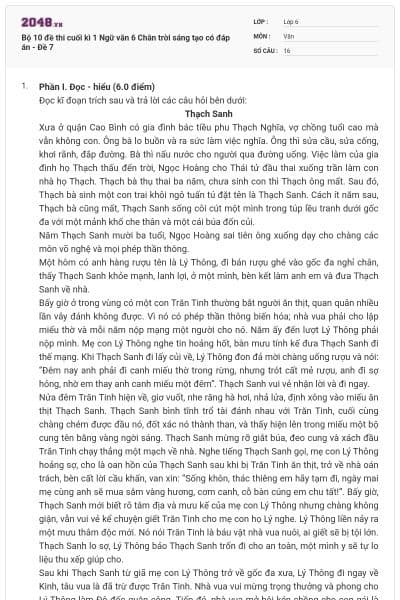Bộ 10 đề thi cuối kì 1 Ngữ văn 6 Chân trời sáng tạo có đáp án - Đề 7