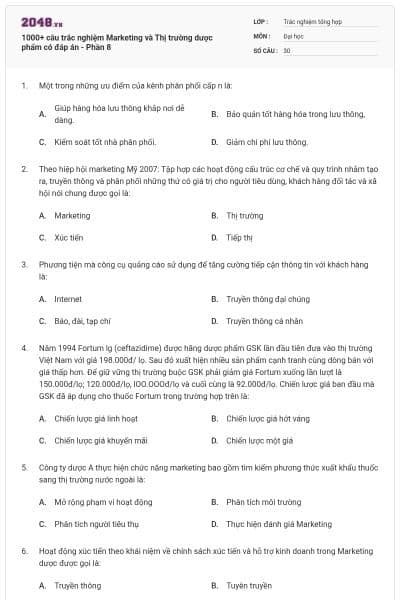 1000+ câu trắc nghiệm Marketing và Thị trường dược phẩm có đáp án - Phần 8