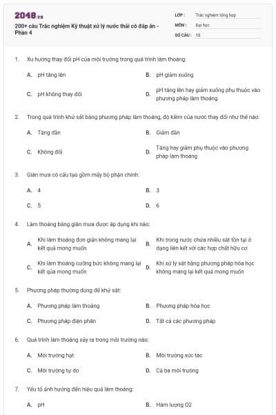 200+ câu Trắc nghiệm Kỹ thuật xử lý nước thải có đáp án - Phần 4