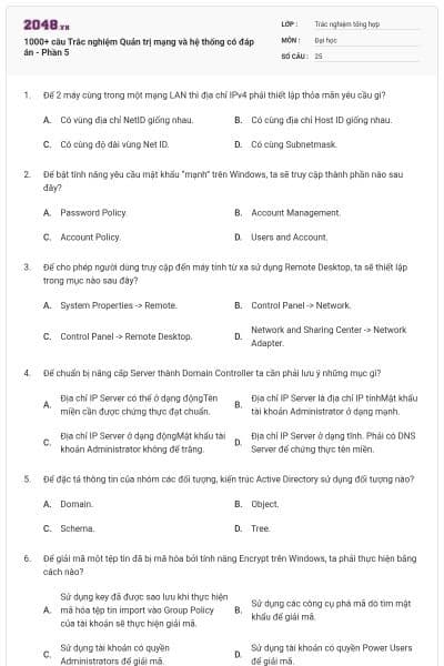 1000+ câu Trắc nghiệm Quản trị mạng và hệ thống có đáp án - Phần 5