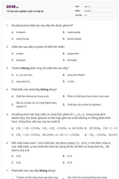 15 Câu trắc nghiệm Lipit có đáp án