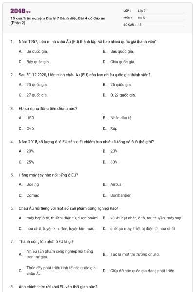 15 câu Trắc nghiệm Địa lý 7 Cánh diều Bài 4 có đáp án (Phần 2)
