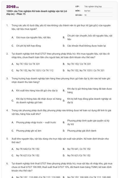 1000+ câu Trắc nghiệm Kế toán doanh nghiệp vận tải (có đáp án) - Phần 15