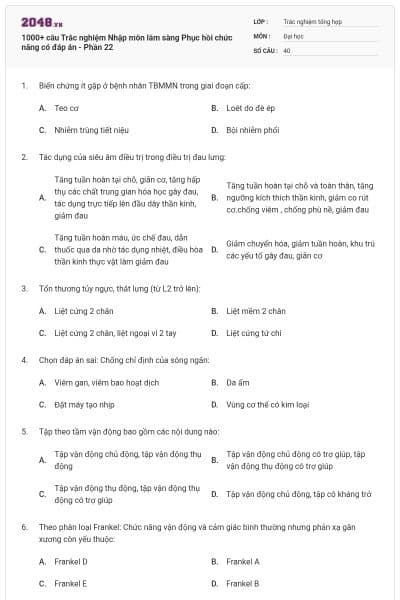1000+ câu Trắc nghiệm Nhập môn lâm sàng Phục hồi chức năng có đáp án - Phần 22