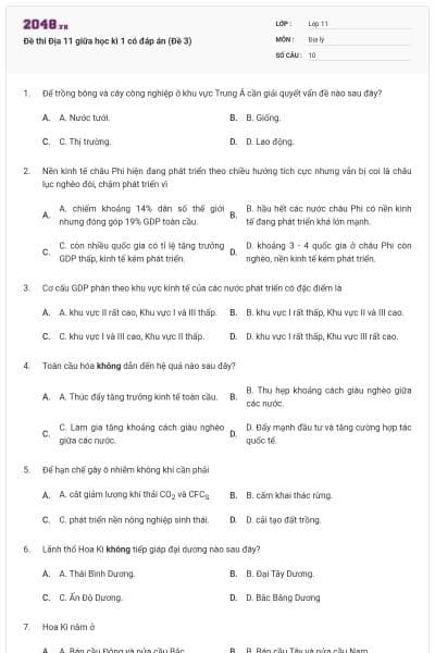 Đề thi Địa 11 giữa học kì 1 có đáp án (Đề 3)