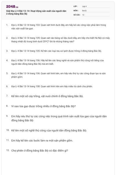 Giải Địa Lí 4 Bài 13-14: Hoạt động sản xuất của người dân ở đồng bằng Bắc Bộ