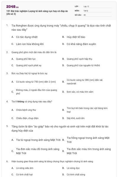 191 Bài trắc nghiệm Lượng tử ánh sáng cực hay có đáp án (đề số 3)