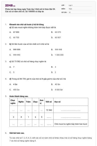 Phiếu bài tập hàng ngày Toán lớp 3 Kết nối tri thức Bài 59. Các số có năm chữ số. Số 100000 có đáp án