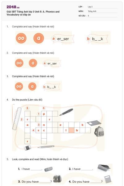 Giải SBT Tiếng Anh lớp 3 Unit 8: A. Phonics and Vocabulary có đáp án