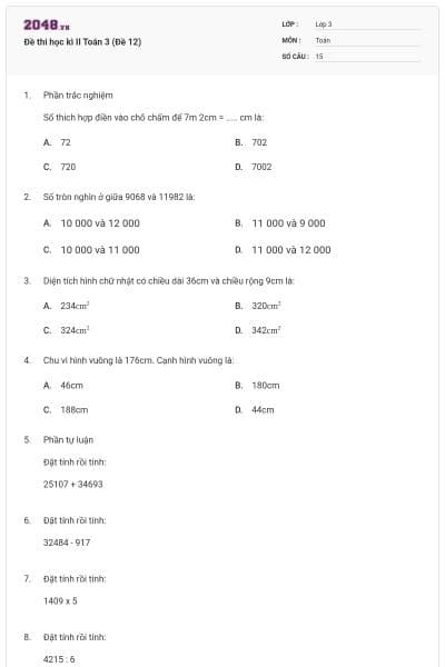 Đề thi học kì II Toán 3 (Đề 12)