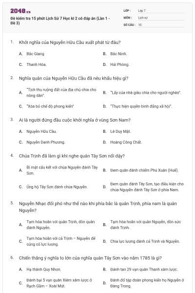 Đề kiểm tra 15 phút Lịch Sử 7 Học kì 2 có đáp án (Lần 1 - Đề 3)
