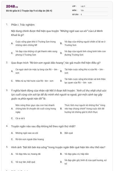 Đề thi giữa kì 2 Truyện lớp 9 có đáp án (Đề 4)