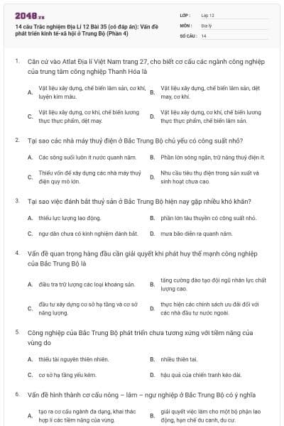 14 câu Trắc nghiệm Địa Lí 12 Bài 35 (có đáp án): Vấn đề phát triển kinh tế-xã hội ở Trung Bộ (Phần 4)