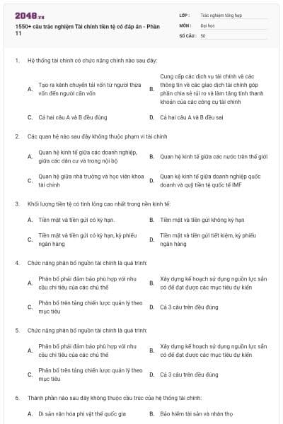 1550+ câu trắc nghiệm Tài chính tiền tệ có đáp án - Phần 11
