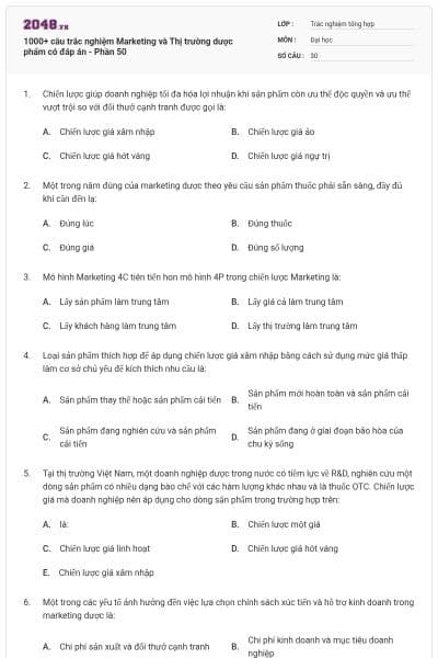 1000+ câu trắc nghiệm Marketing và Thị trường dược phẩm có đáp án - Phần 50