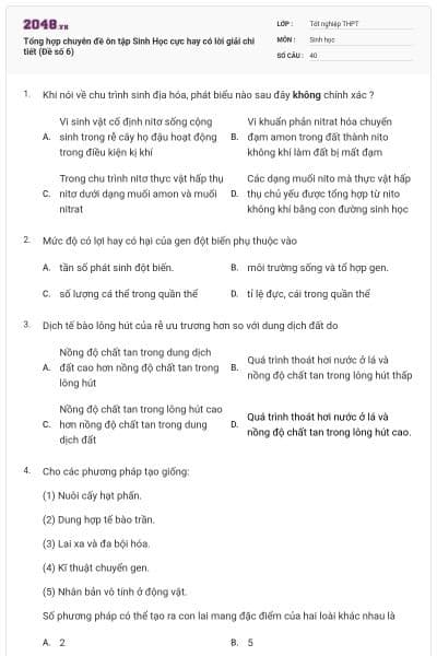 Tổng hợp chuyên đề ôn tập Sinh Học cực hay có lời giải chi tiết (Đề số 6)