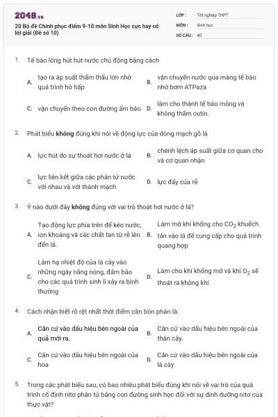 20 Bộ đề Chinh phục điểm 9-10 môn Sinh Học cực hay có lời giải (Đề số 10)