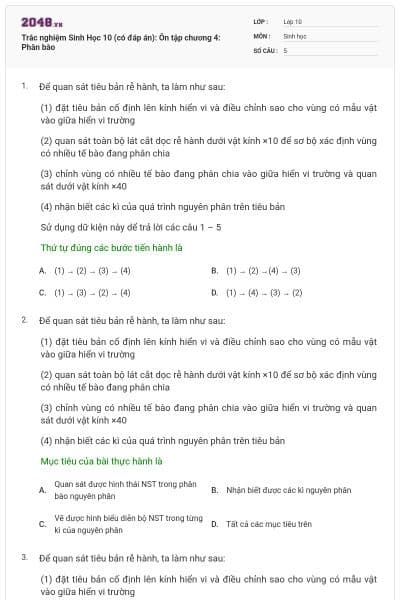 Trắc nghiệm Sinh Học 10 (có đáp án): Ôn tập chương 4: Phân bào